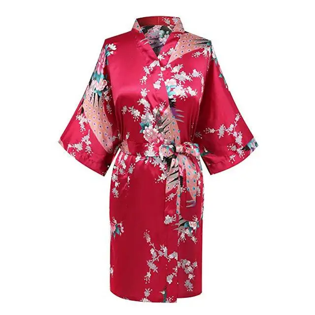 Фиолетовый большой размер 3XL женский халат-кимоно с v-образным вырезом, половина рукава, халат с принтом павлина, свободное сексуальное ночное платье, ночное белье для отдыха - Цвет: Red