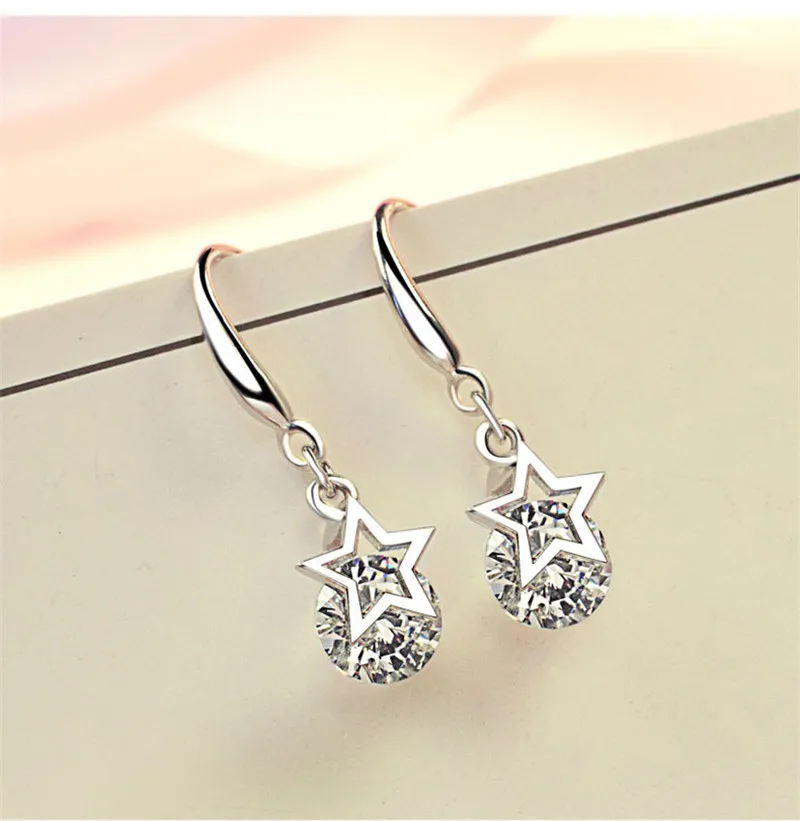 

Top Quality Silver 925 Earrings For Women Jewelry Charm Star CZ Drop Earrings Girls Long Earring Princess Birthday Accessories