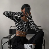 2021 autumn new t shirt casual navel print irregular stitching lace up zebra print backless round neck slim long sleeved tops