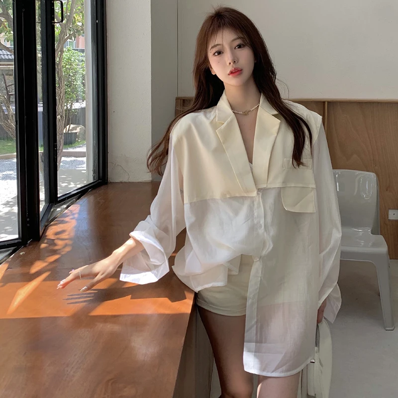 

2021 Autumn Women's Shirts Korean Style Turn-Down Collar Single-Breasted Long Sleeve Stitching Thin Blouse Vintage Chic Tops