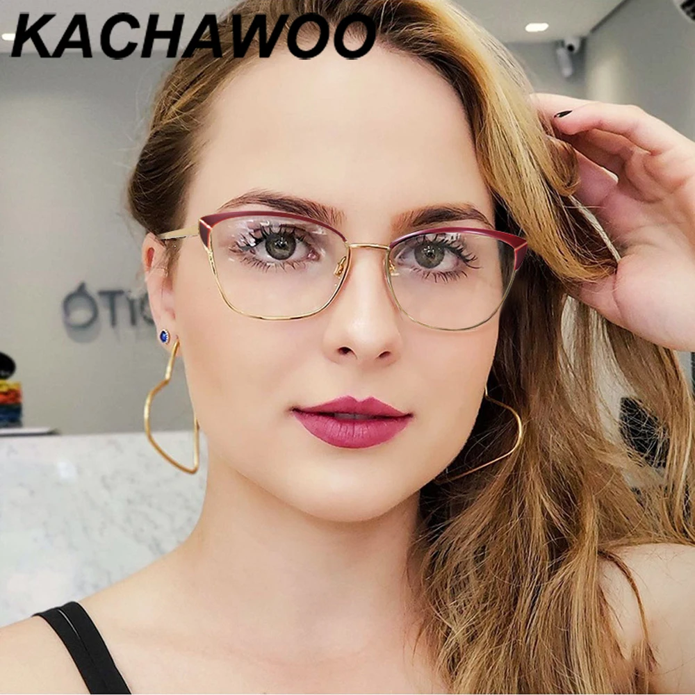 Женские золотистые красные металлические очки Kachawoo с прозрачными линзами модные
