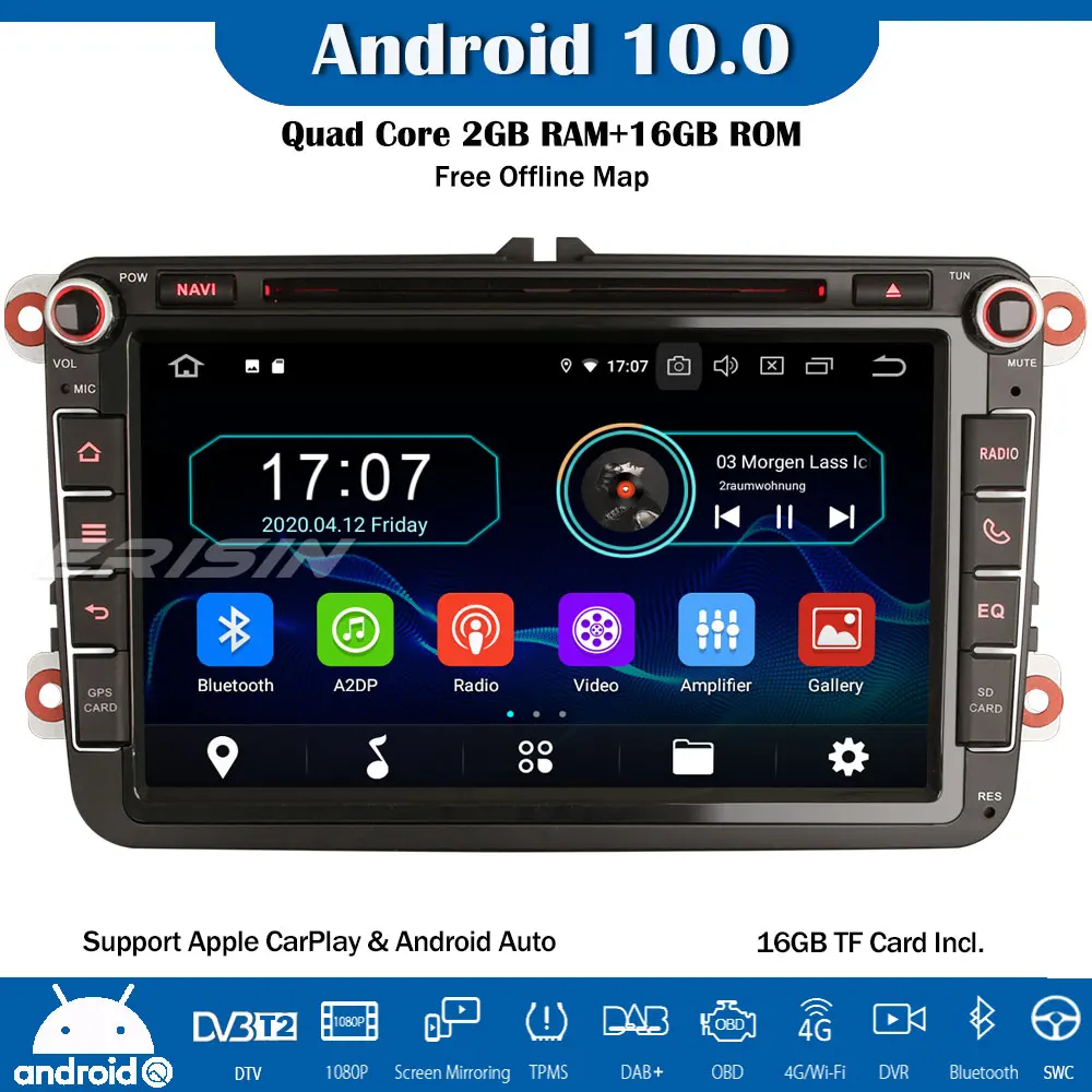 Erisin 8 &quotAndroid 10 0 Авторадио автомобильный DVD плеер GPS DAB + SWC OPS CarPlay для VW Passat Polo Golf T5