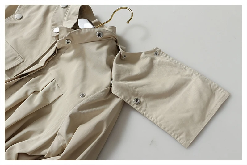 

[EAM] Women Khaki Stitch Long Trench New Stand Collar Long Sleeve Loose Fit Windbreaker Fashion Tide Spring Autumn 2021 1DC029