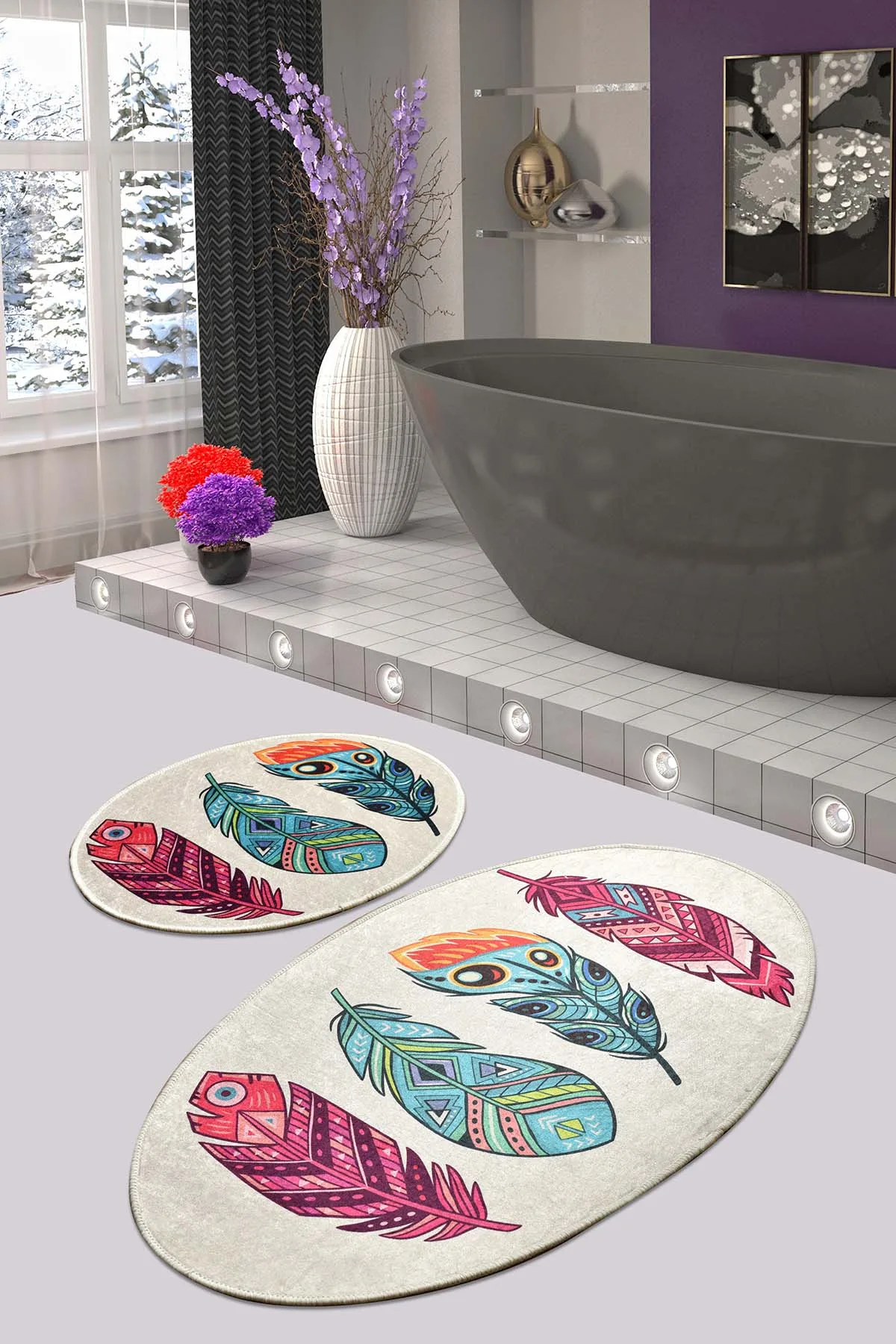 

Feather Bathroom Area Rugs Bath Mat Set Toilet Rugs Flannel Anti Slip Shower Carpets Home Toilet Lid Cover Shower Room Rug