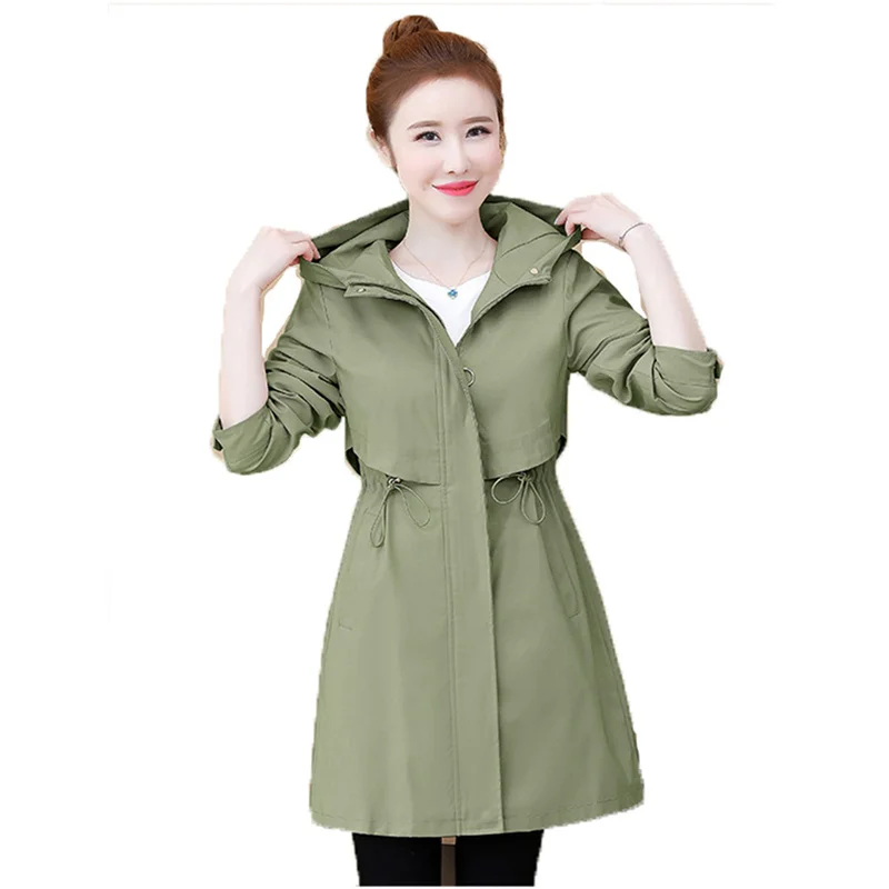 

Women's Temperament Blue Windbreaker Jacket 2021 Spring New Mid-length Casual Hooded Sweet Thin Khaki Black Coat Feminina GH210