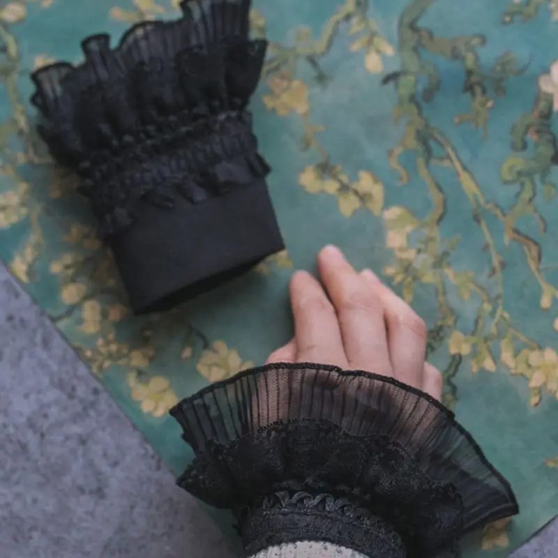 Готический Ретро черный съемный рукав Ложные манжеты Многослойные оборки