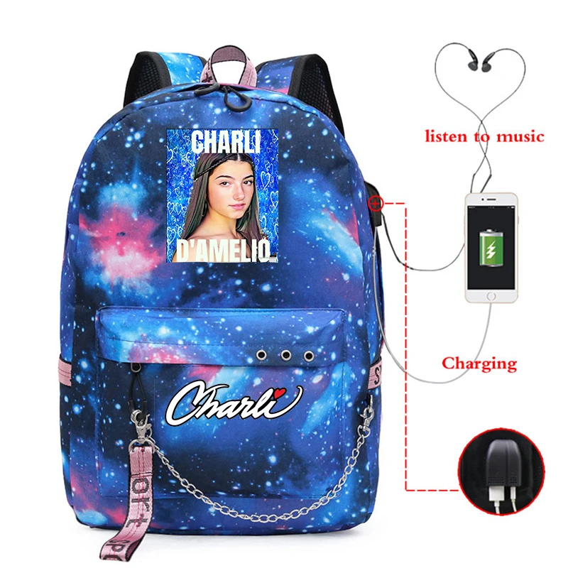 

USB Charger Laptop Backpack Women School Bags for Teenage Girls Plecak Szkolny Bags for trip Mochila Charli D'Amelio Backpack