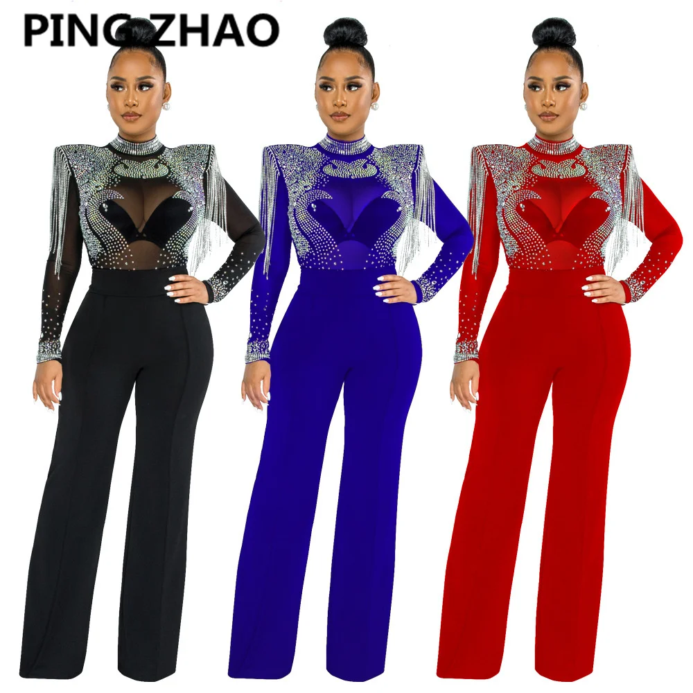 

PING ZHAO Women Jumpsuit Solid High Collar Hot Drill Mesh Shoulder Cotton Long Sleeves Long Straight Jumpsuit Sexy Party Outfi