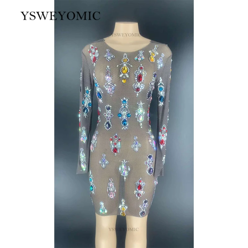 

2020 new Popular Multi-color Rhinestones Black Transparent Dress Bar Long Sleeves Women Dance Dress Birthday Short Outfit Dress