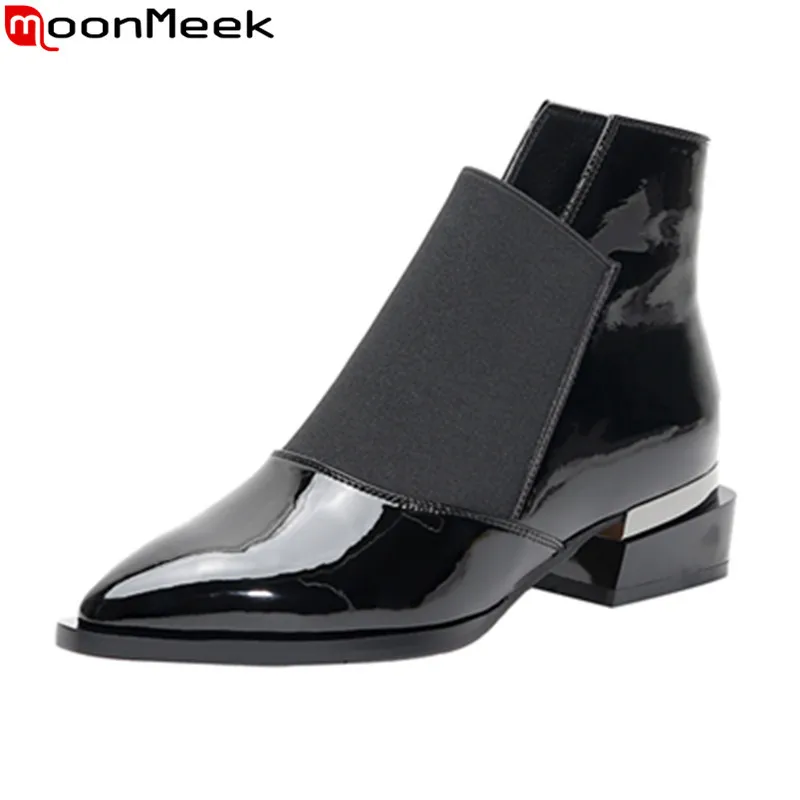 Женские ботильоны из натуральной кожи MoonMeek черные удобные брендовые ботинки на