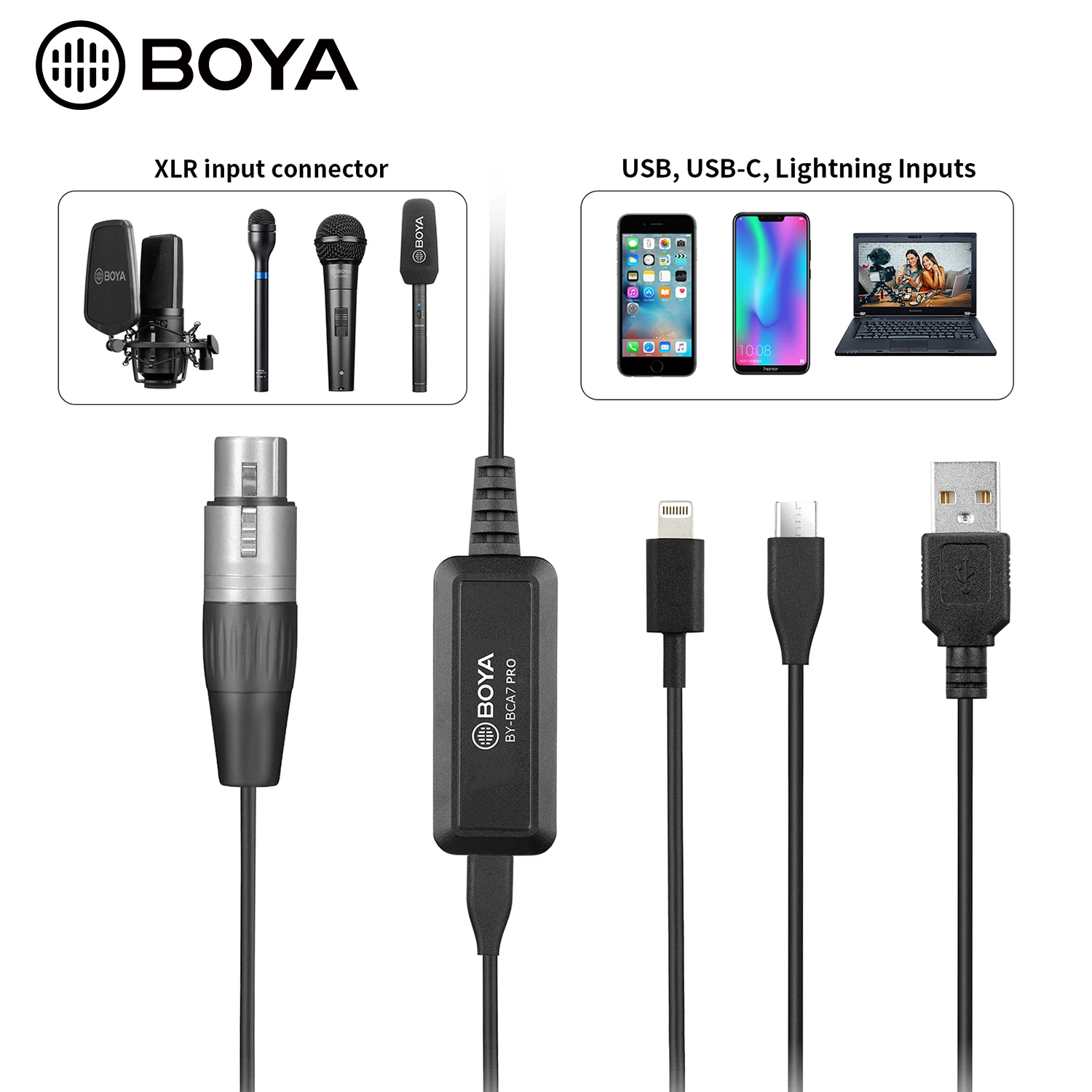 

BOYA BY-BCA7 PRO XLR to Lightning USB-A Type-C Connectors Microphone cable for iPhone iPad PC Windows Vlog Live Stream Interview