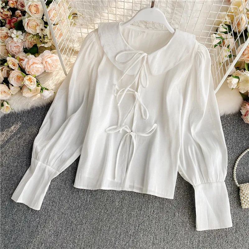 

Autumn New Style Blouse Korean Japan Sweet Puff Sleeve Shirts Female Wild Tie Bow Cute Peter Pan Collar Female Blusa Tops GX1069
