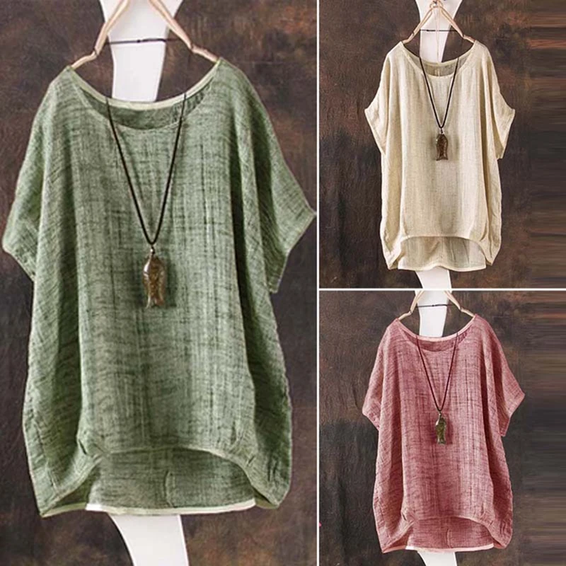 

Summer Women Solid Loose Blouse O-Neck Tops Ladies Casual Shirt Asymmetrical Short Batwing Sleeve Blouse