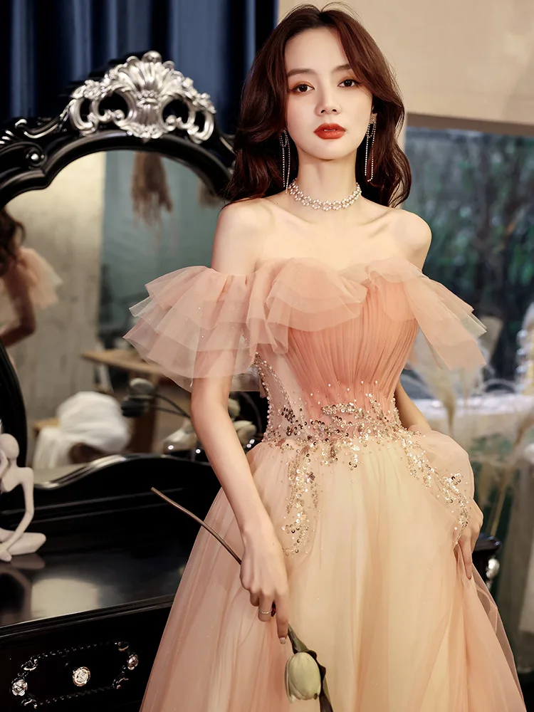 Женское платье принцессы для банкета длинное розовое выпускного вечера и