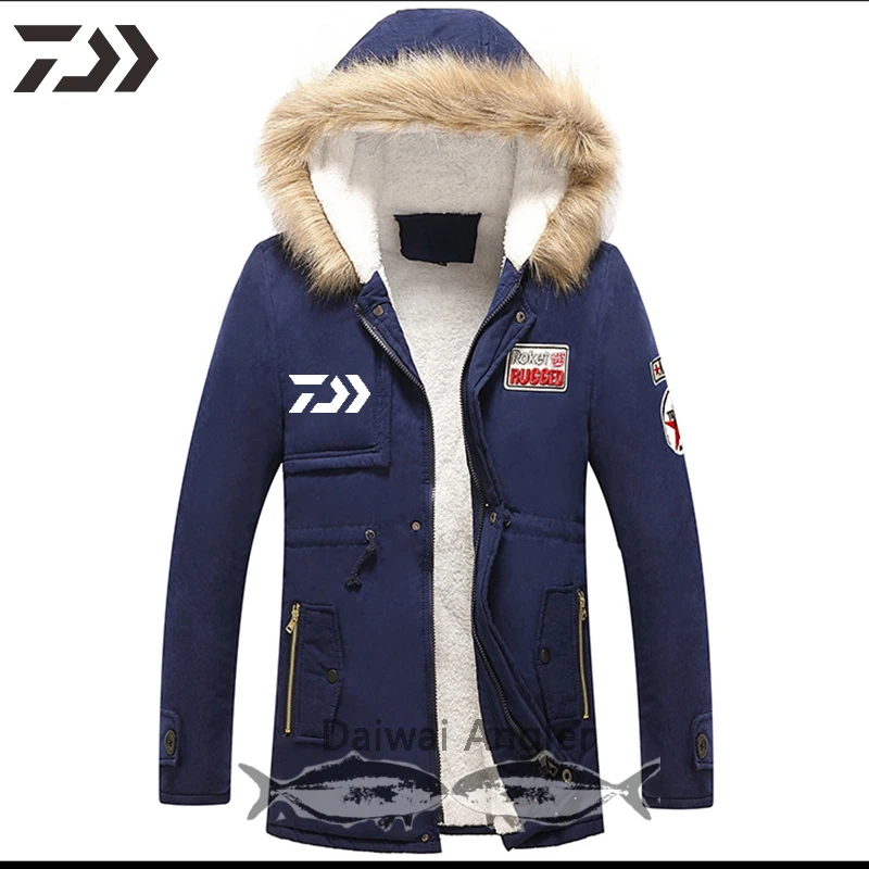 Синий Daiwa Thick Cotton Fishing Jacket Men Windproof Thermal Hiking Fish Clothes Print Hooded Zipper Camping Outdoor Clothing - Цвет: Синий