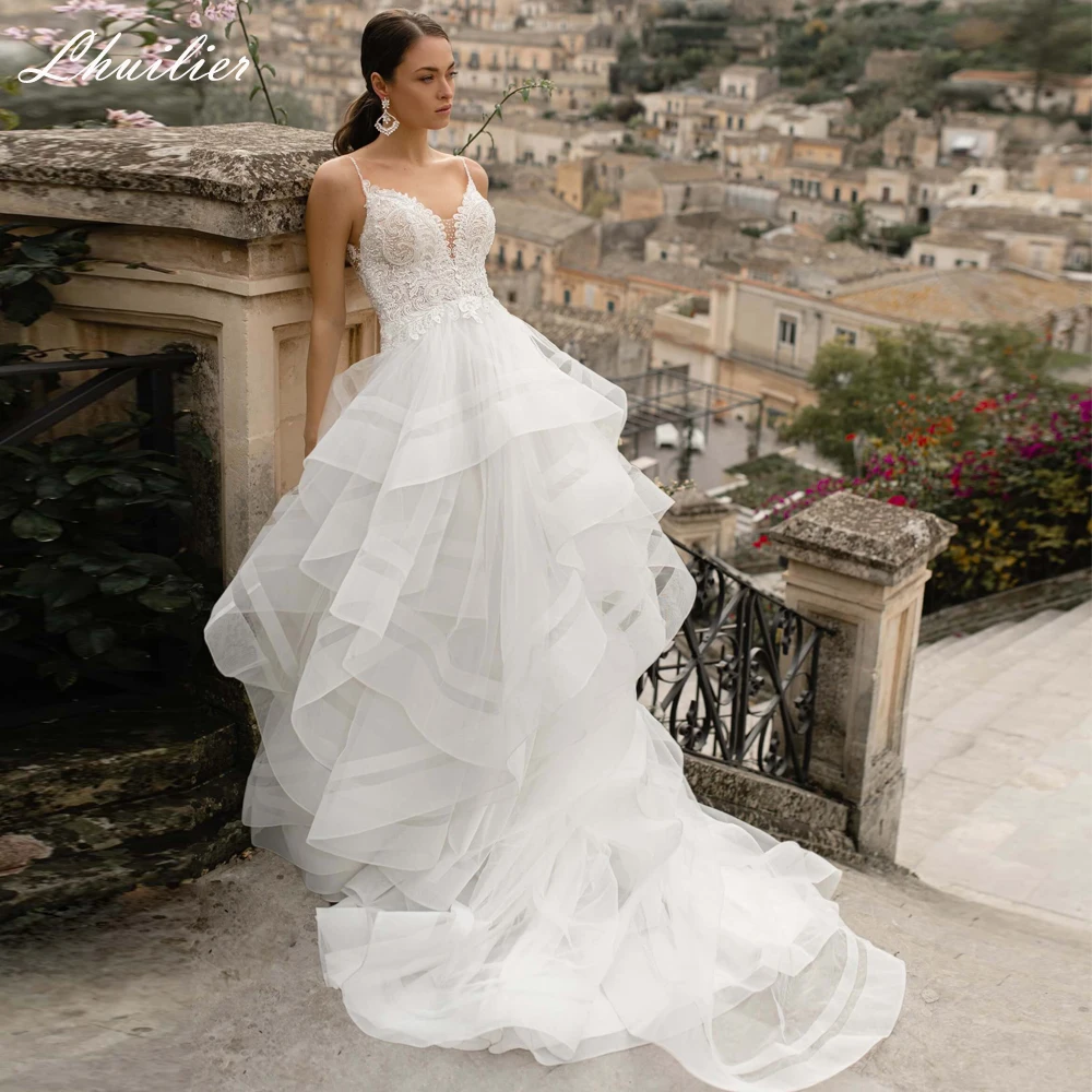 

Элегантное ТРАПЕЦИЕВИДНОЕ свадебное платье Lhuilier с V-образным вырезом в несколько рядов 2020, свадебное платье до пола без рукавов со шлейфом и...