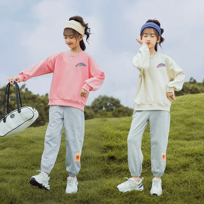 

Комплекты для девочек-подростков на весну и осень 2021, свитшот с длинным рукавом + штаны, детские спортивные костюмы, повседневные радужные д...