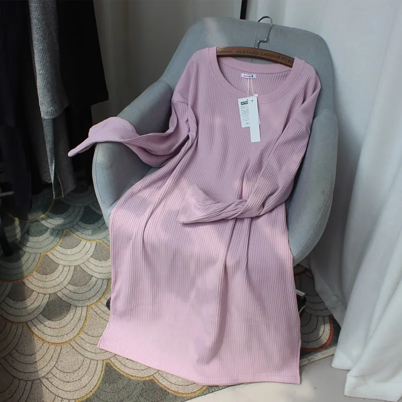 

Autumn 2021 women's T-shirt dress new loose large medium long round collar long sleeves vertical stripes thin bottom shirt