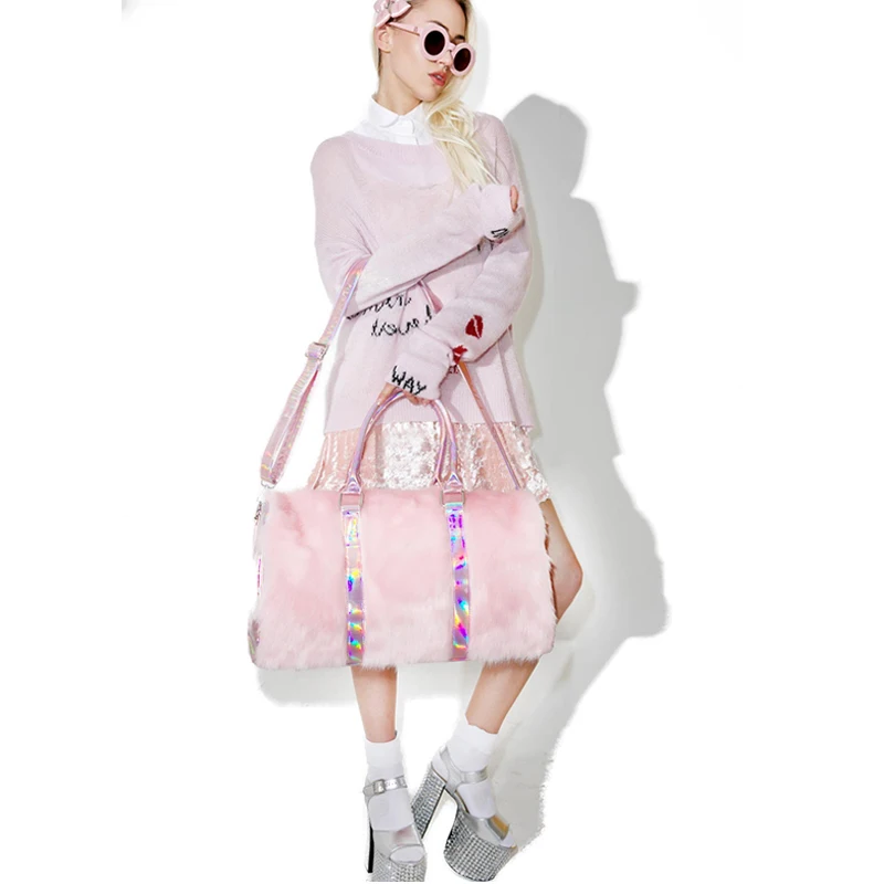 Модные роскошные женские сумки тоут плюшевые розовые милые дорожные для девушек