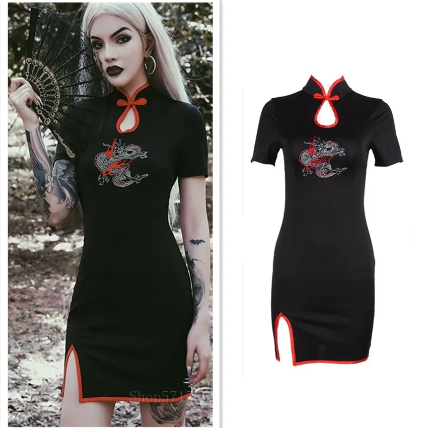 

Autumu Female Gothnic Dark Harajuku Style Punk Grunge Dragon Embroidery Splice Cheongsam Girls Retro Slim High Waist Dress