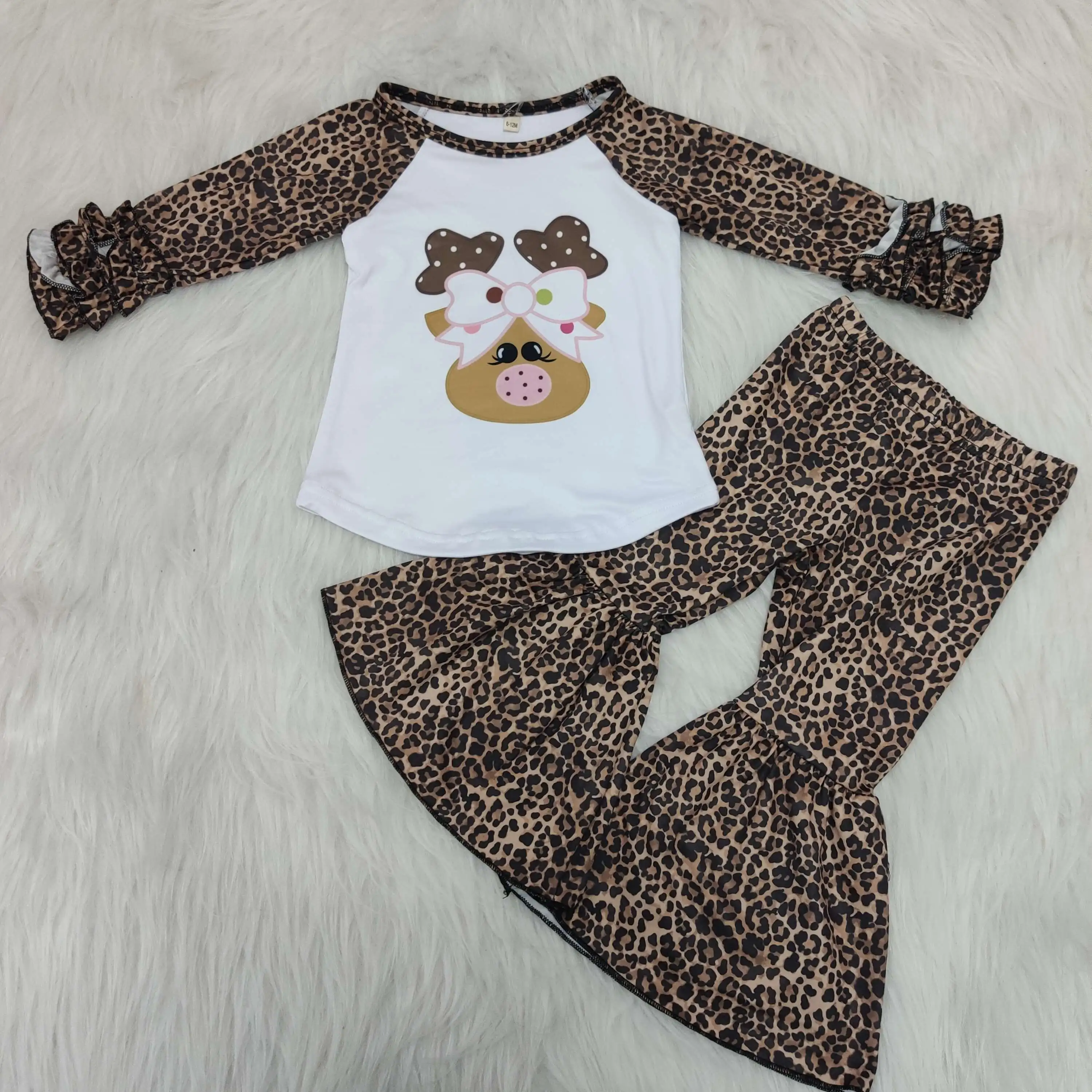 

new style baby girl leopard print Christmas deer pattern leopard print pants outfits