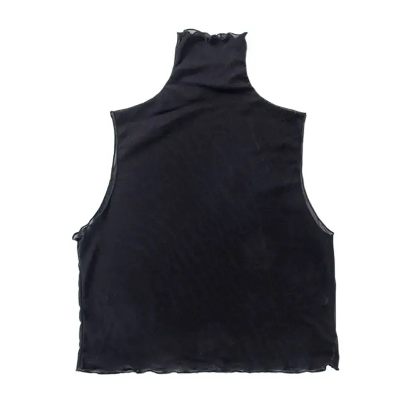 

2020 Women Autumn Ruffles Turtleneck Mesh Fake Collar Semi Sheer Vest Style Half Tops