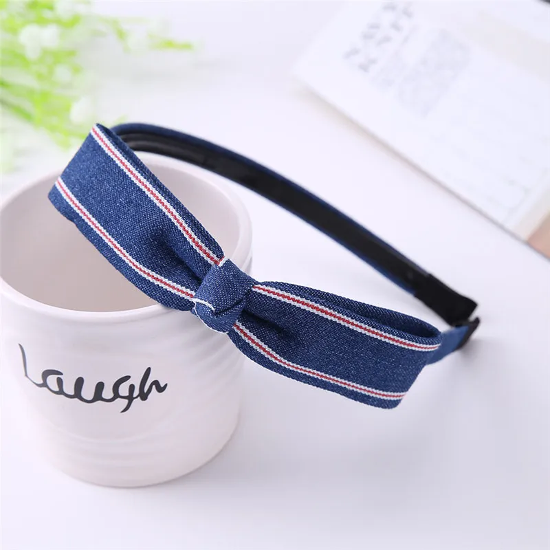 Женская повязка на голову с бантом в белый горошек эластичная синяя джинсовая