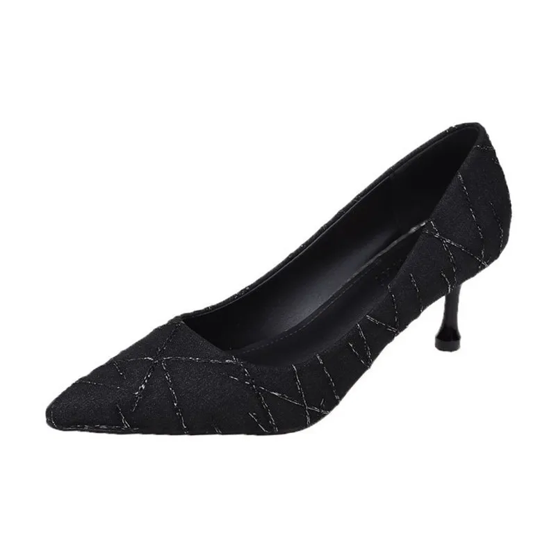

2021 Fashion Fall Women High Heels Pointed Toe Shallow Mouth Lightweight Breathable Thin Heel Striped Shoes Design High Quality