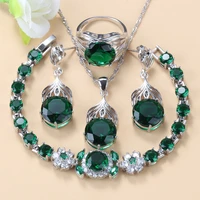 silver 925 necklace and studearrings cubic zirconi green jewelry sets round wedding women costume 6 colors turkish jewelry