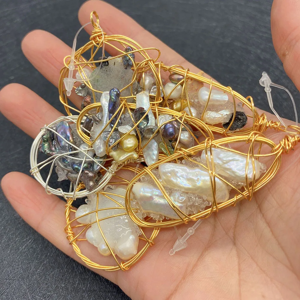 

1pcs Natural Baroque Pearl Pendant Crystal Irregular Shape Hand-wound Copper Wire DIY Making Necklace Bracelet Accessories