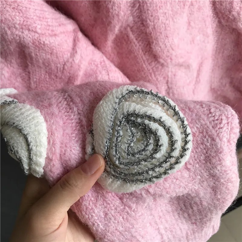 

New 2020 Autumn Women Cardigan Pink 3d Floral Loose Oversized Korean Coat Sweet Preal Buttons Sweater Outwear Female Pull Femme