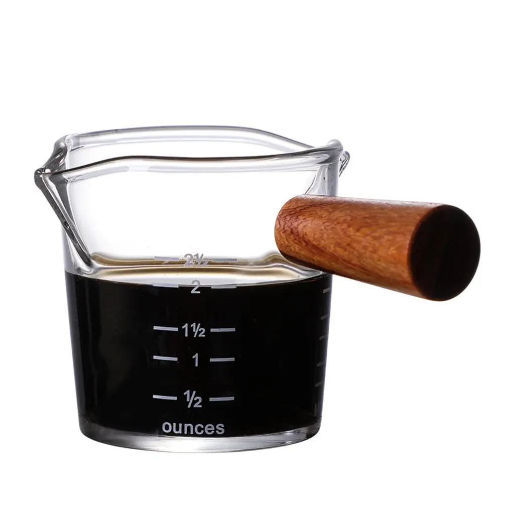

Heat-resisting Glass Espresso Measuring Cup Double Mouth Glass Milk Jug With Wooden Handle Glass Scale Measure Mugs