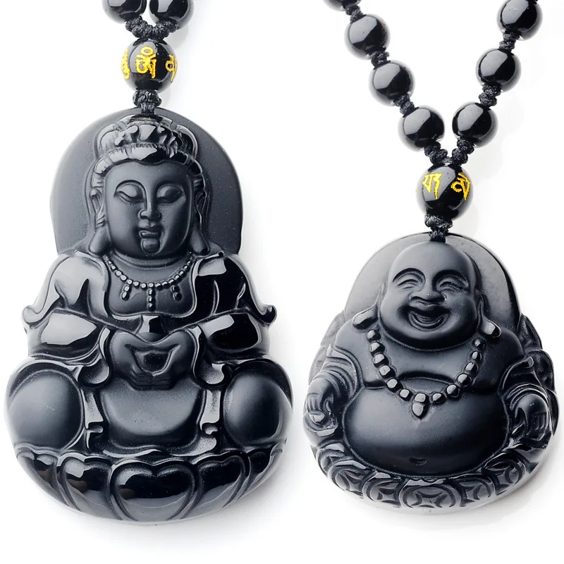 

Natural Obsidian Guanyin Buddha Pendant Fashion Boutique Jewelry Men's and Women's Hand Carved Necklace Gift Accessories