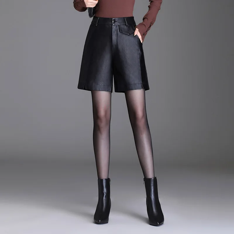 

Fashion PU Leather Shorts Autumn Winter Women High Waist Casual Loose Black Straight Shorts Motorcycle Biker Punk 9305