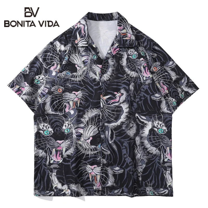 

Bonita Vida Hawaiian Beach Shirts Harajuku Animal Tiger Print Short Sleeve Streetwear Hip Hop Casual Tropical Button Tops