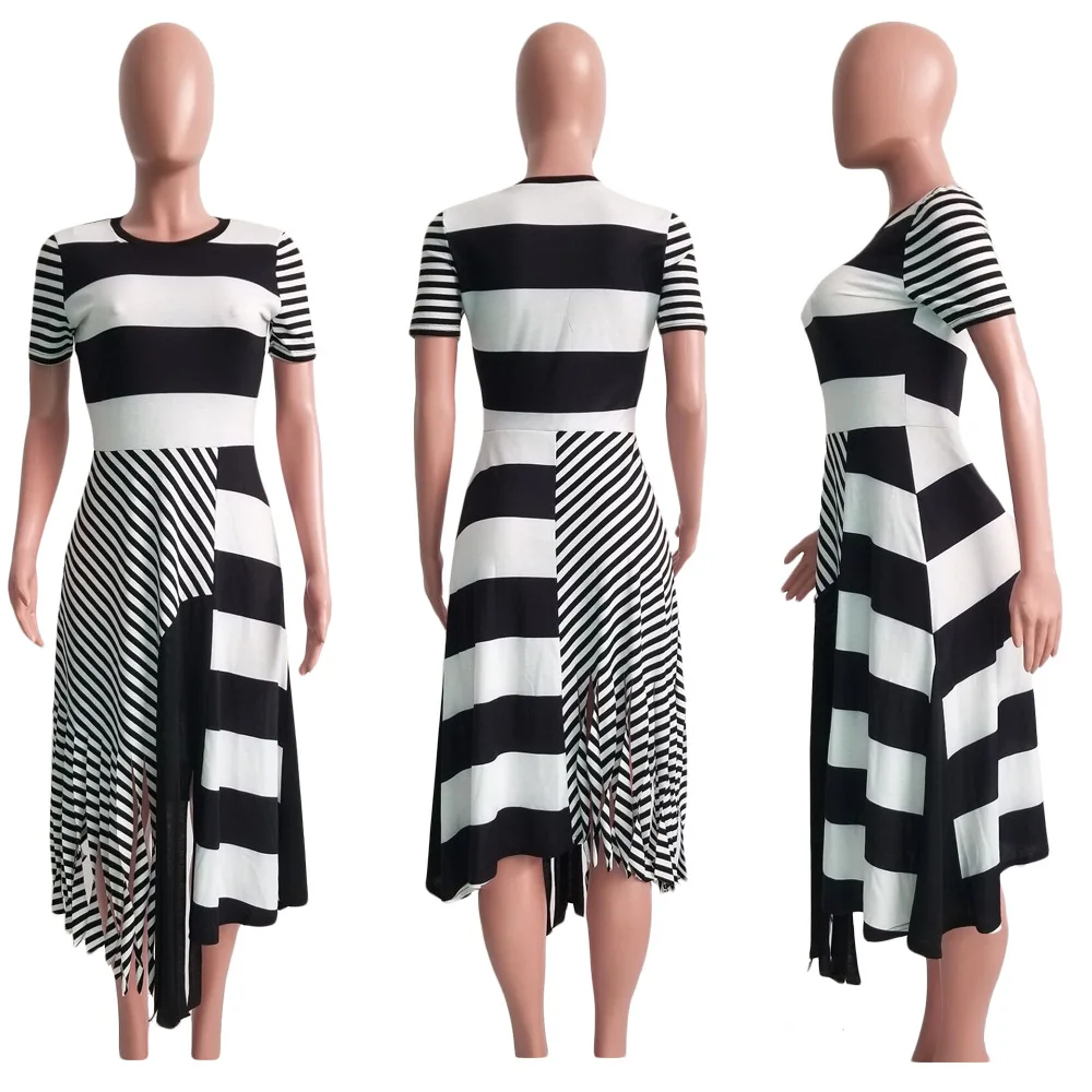 Женское летнее платье-миди с полосками асимметричным принтом и кисточками