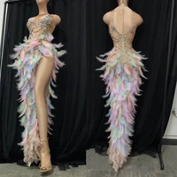 colorful feather dress for women singer stage show outfit crystal stone club entertainer party dress prom social costume db2164