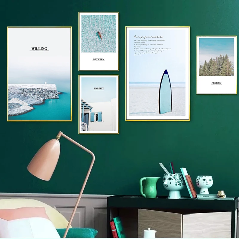 Скандинавский Пляжный Пейзаж настенное искусство Калифорния море женщина и лес