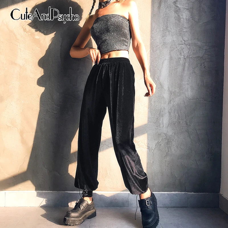 Бархатные длинные брюки со шнуровкой женские повседневные мешковатые с высокой