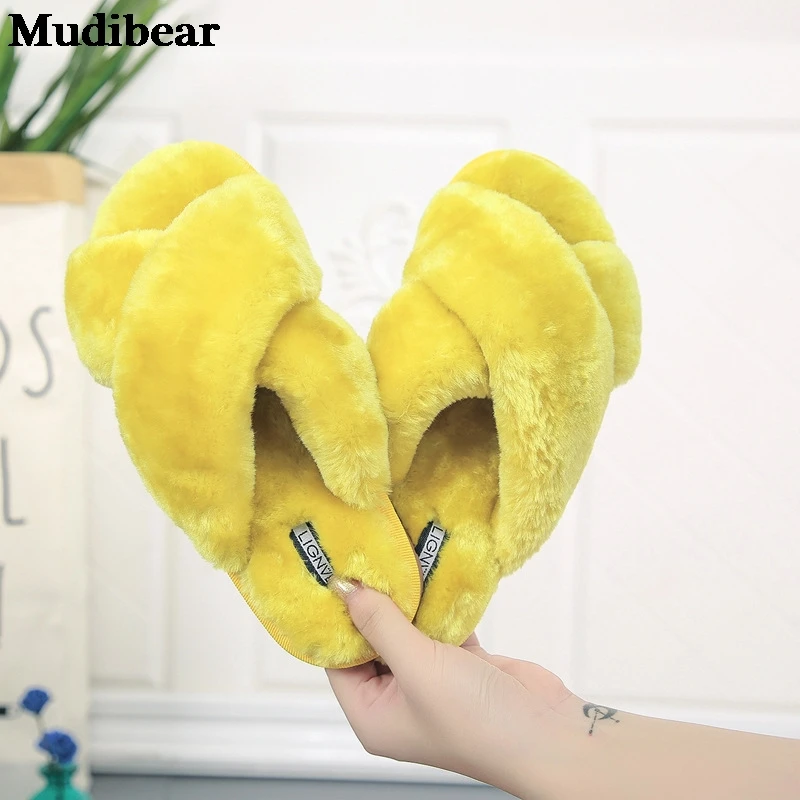 

Mudibear плюшевые тапочки с перекрестным верхом, женские осенние большие нескользящие удобные теплые шерстяные хлопковые тапочки, красные одн...