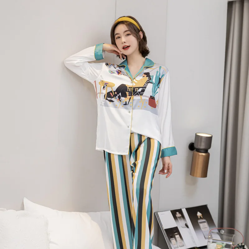 

Women's Autumn New 2PCS Pajamas Set Spring Faux Silk Casual Home Wear Full Sleeve Striped Pant Nightwear Fashion Print Sleepwear