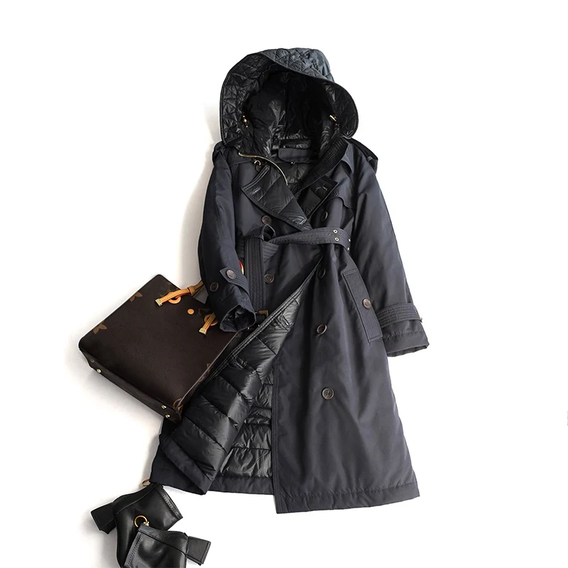 Куртка на белом утином пуху и пальто с капюшоном для зимы Двубортный