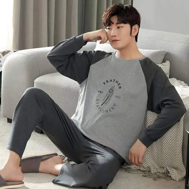 Spring Autumn Pajama Set For Men Round Neck  2-Piece Set Long-Sleeved Trousers Lounge Sleepwear Pyjamas Home Clothes Homewear