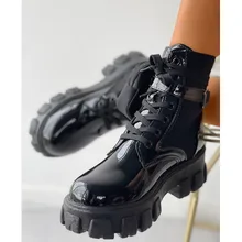 BONJOMARISA Hot Sale Brand Fashion Punk Goth Platform Chunky Heel Motorcycle Women Boots Pocket Bags Patent PU Shoes Woman
