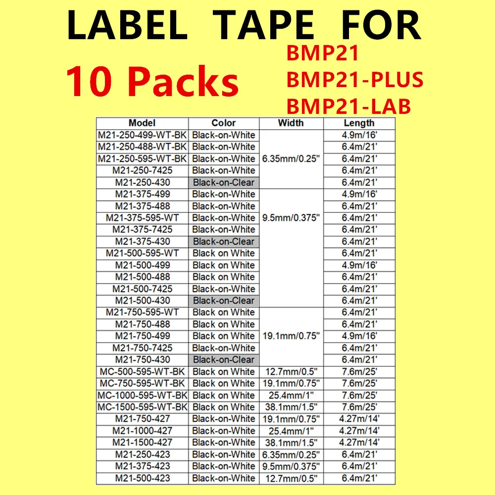 

10PK Label Tape M21-750-427 M21-750-499 M21-500-595 M21-250-423 Labels Cartridge For BMP21,BMP21-PLUS,BMP21-LAB Printer Tag