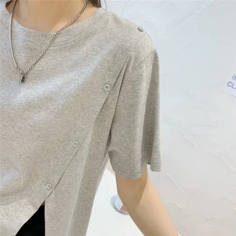 

Summer Short Sleeve Side Slip Casual T Shirt Women Short Sleeve Simple Solid Crewneck Cotton Basic Tee Top Green