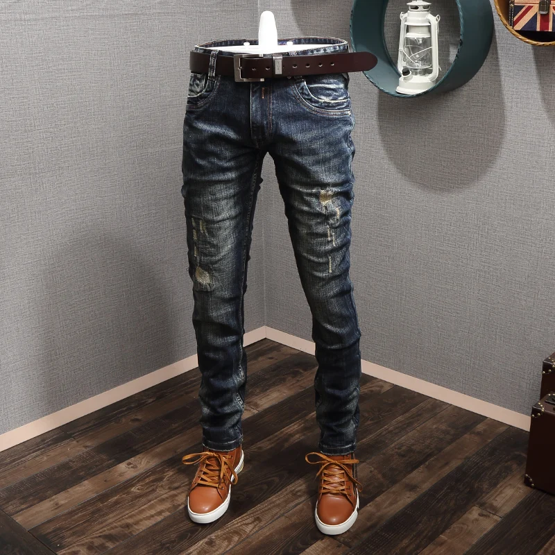 Джинсы мужские в стиле ретро рваные джинсы Slim Fit итальянском винтажные