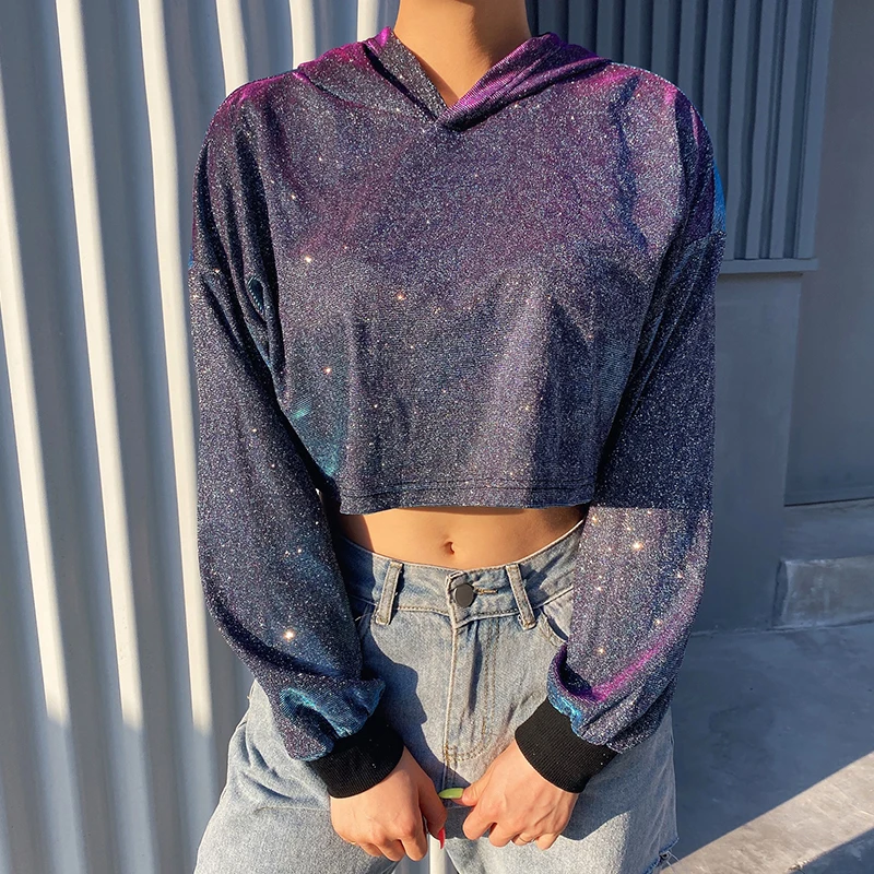 

Spring 2021 New Style, Stylish and Fashionable Silk Material Loose Short Hoodie Top, Long-Sleeved Loose-Fit, Urban Casual