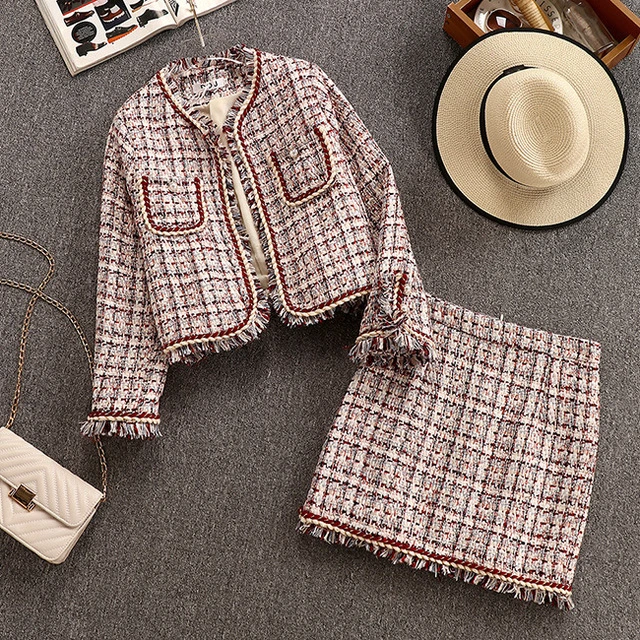 1107Tweed Vefinear, Осень-зима, сексуальные клетчатые топы и мини-платья, комплект из 2 предметов, на пуговицах, открытая облегающая юбка и свитер, комплект из двух предметов - Цвет: 1107Tweed