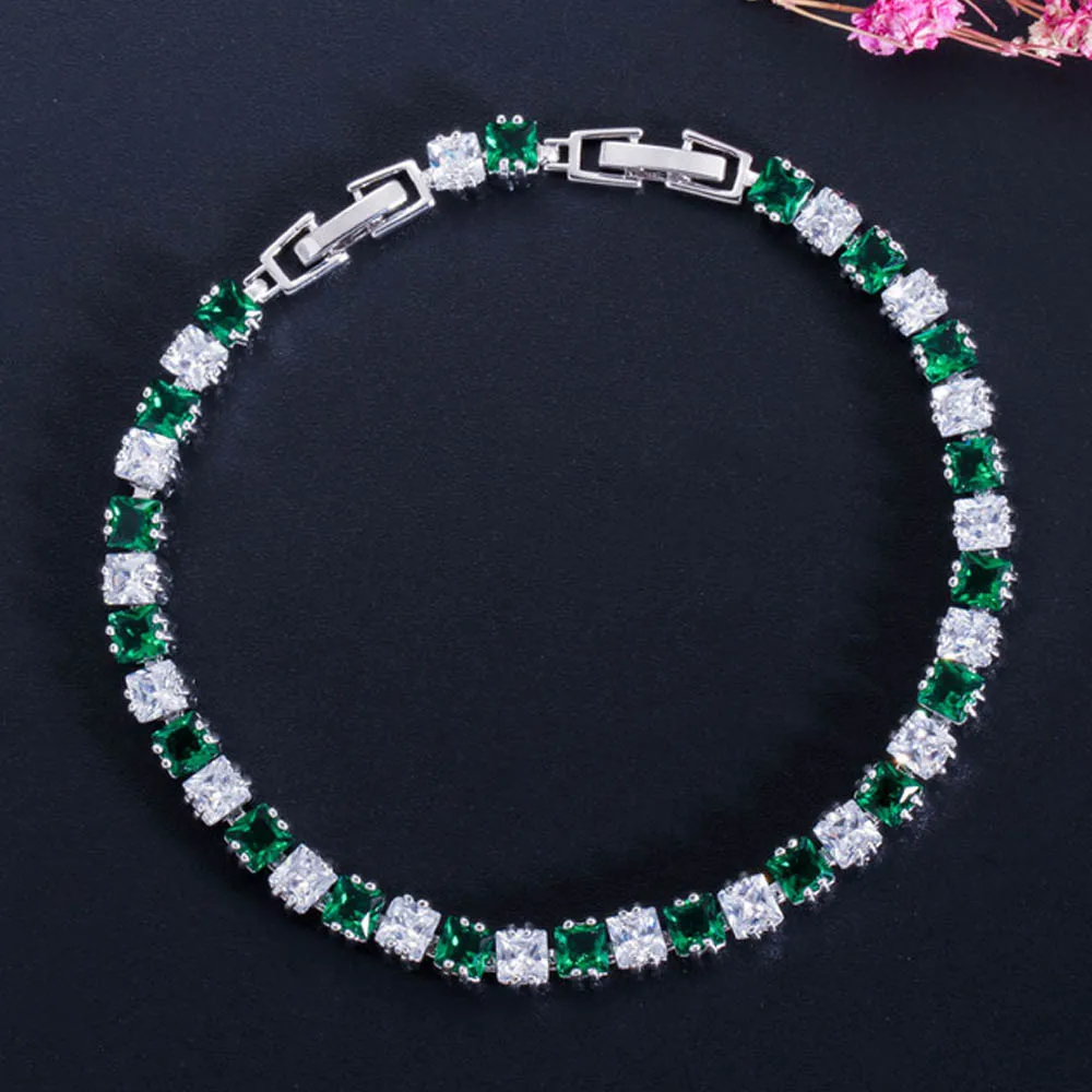 Emerald green ThreeGraces мода теннис стиль белое золото цвет CZ камень с Красный Синий Черный Зеленый Кристалл Браслеты паве для женщин BR006 - Окраска металла: Emerald green